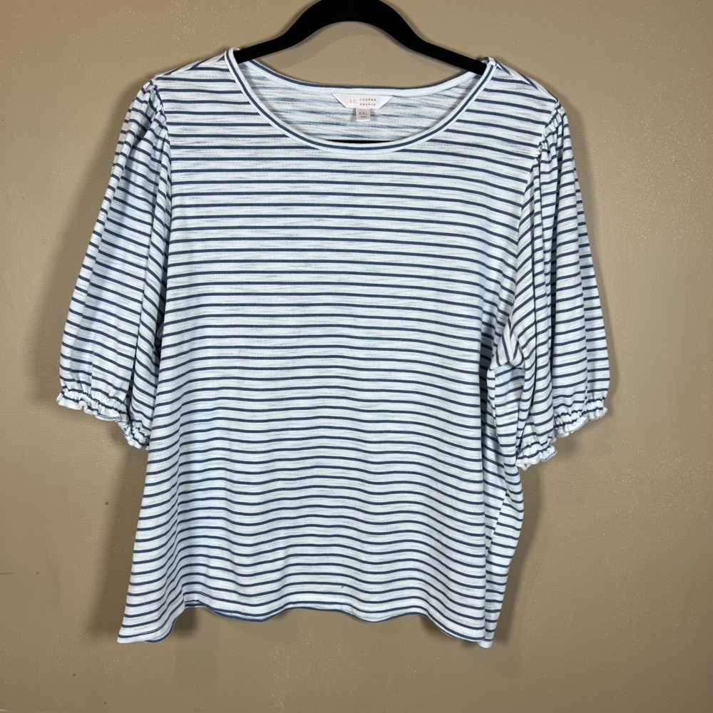 LC Lauren Conrad Women XXL Blue White Striped Puff Sleeve Knit Top Tee RN73277